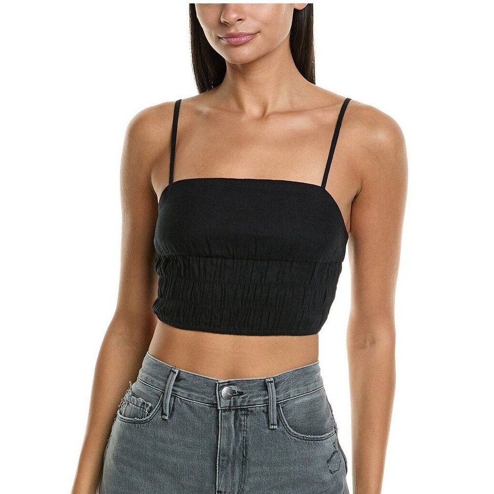 Onia Black Smocked Cropped Cami Tank Top M M Linen Blend